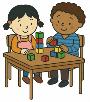 children at table playing with building blocks